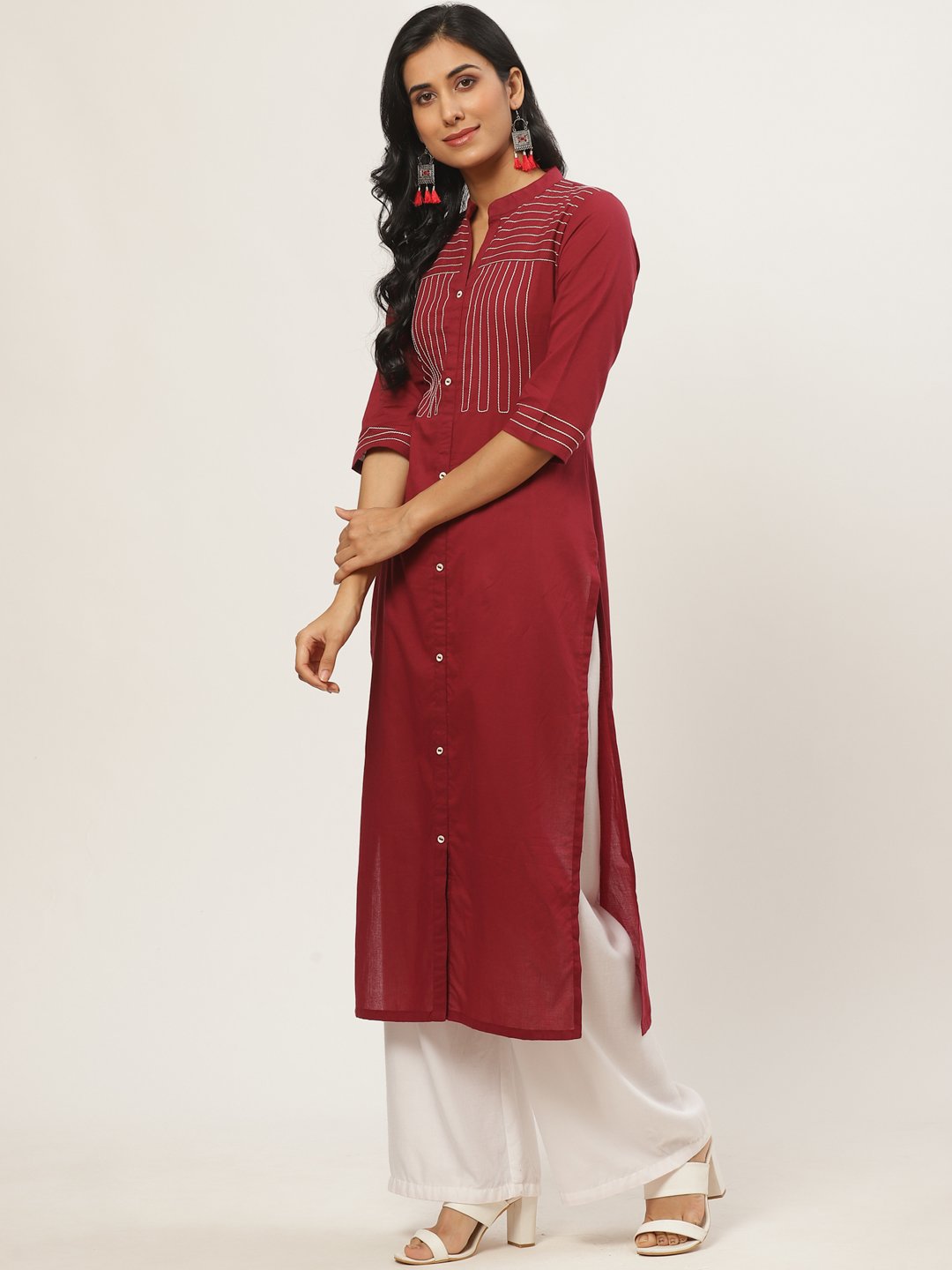 Women's Maroon Calf Length Three-Quarter Sleeves Straight Solid Solid Cotton Kurta - Nayo Clothing