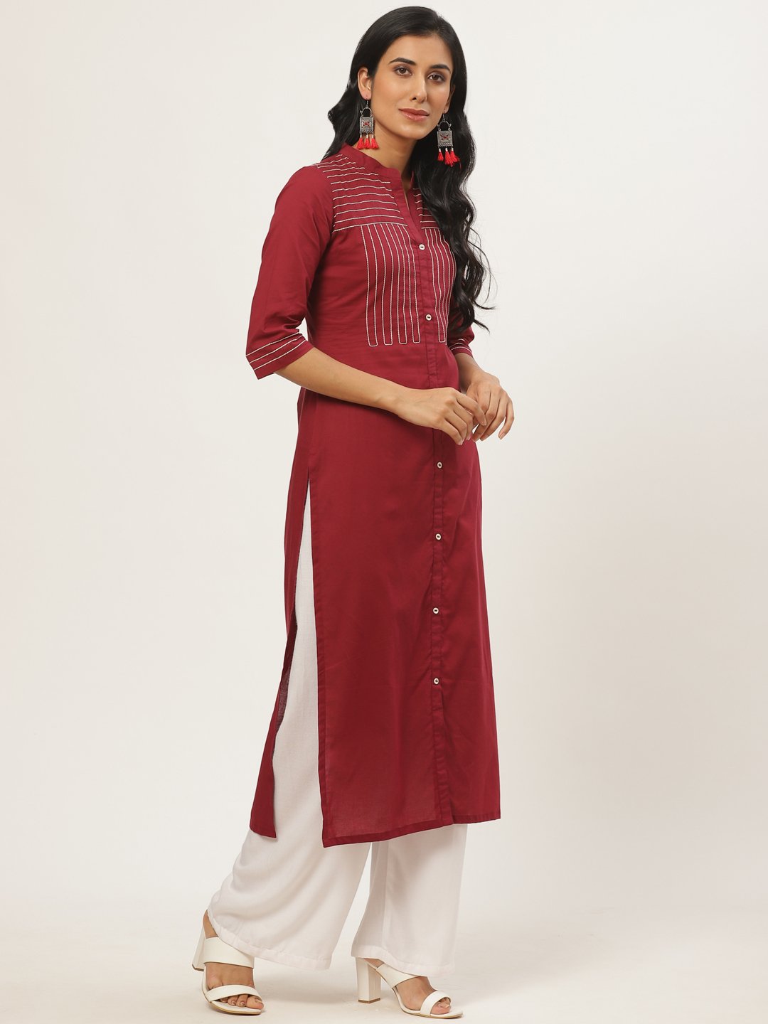 Women's Maroon Calf Length Three-Quarter Sleeves Straight Solid Solid Cotton Kurta - Nayo Clothing
