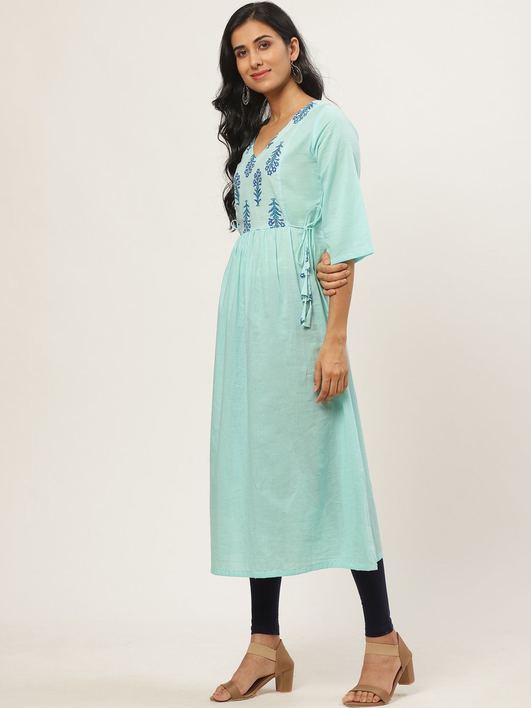 Women's Blue Calf Length Three-Quarter Sleeves A-Line Solid Solid Cotton Kurta - Nayo Clothing
