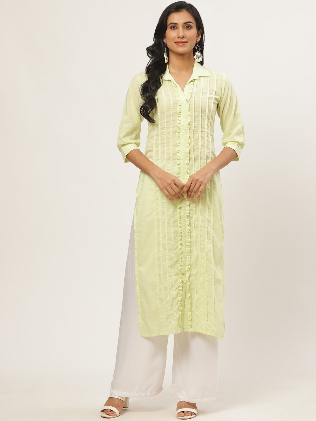 Women's Limeyellow Calf Length Three-Quarter Sleeves Straight Solid Solid Cotton Kurta - Nayo Clothing