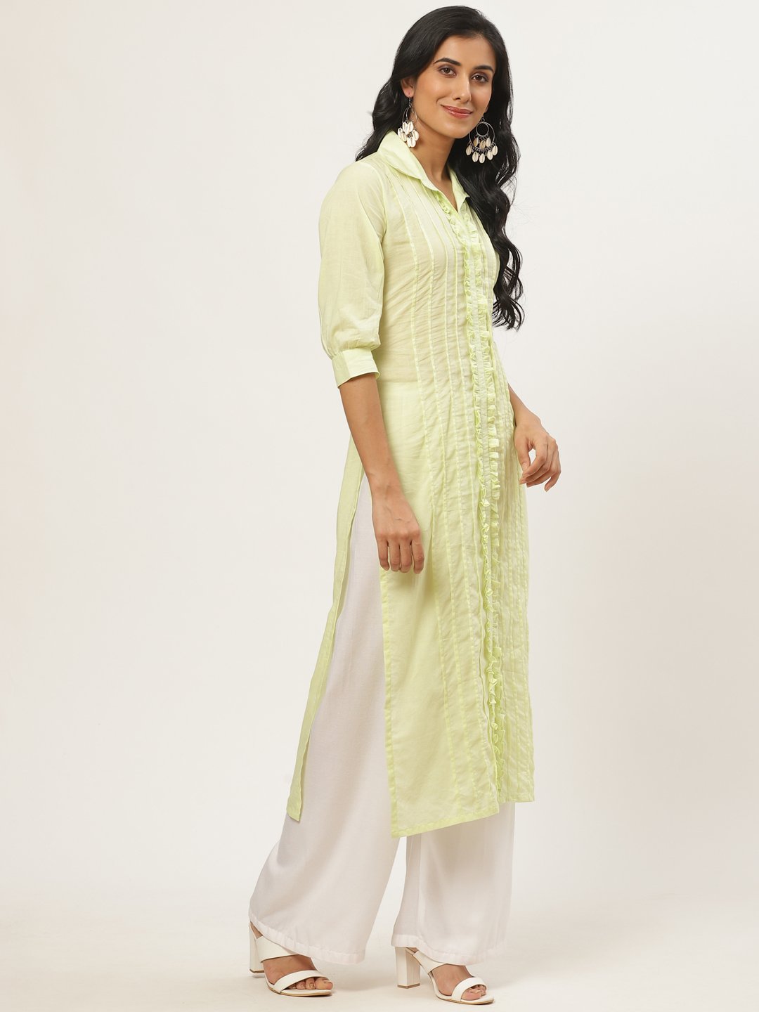 Women's Limeyellow Calf Length Three-Quarter Sleeves Straight Solid Solid Cotton Kurta - Nayo Clothing