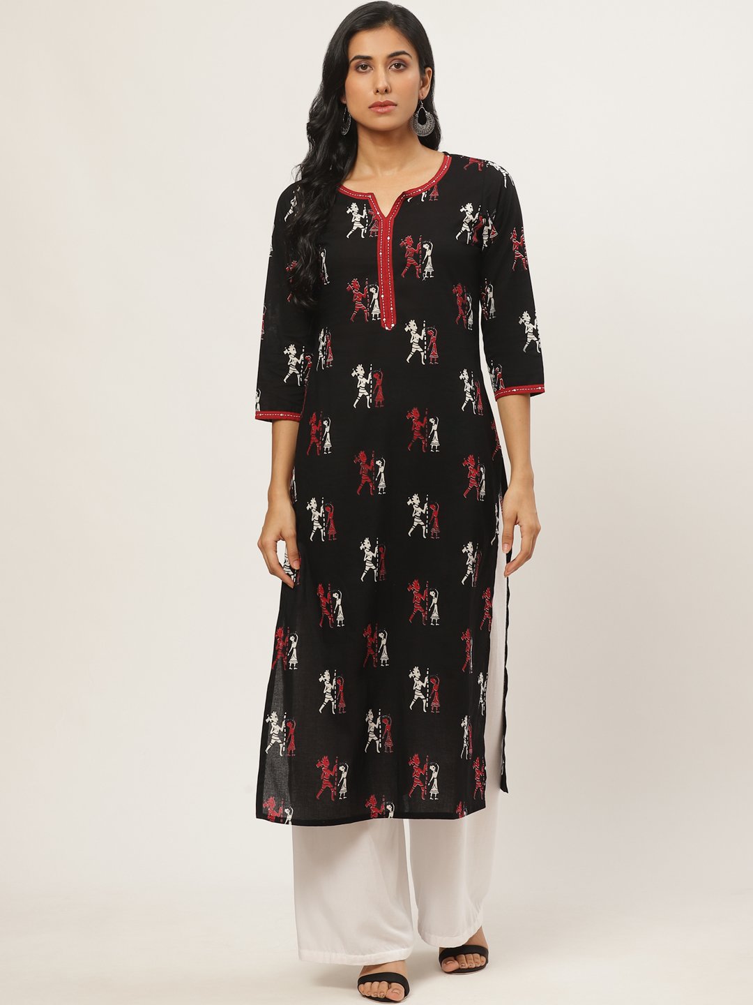 Women's Black Calf Length Three-Quarter Sleeves Straight Quirky Printed Cotton Kurta - Nayo Clothing