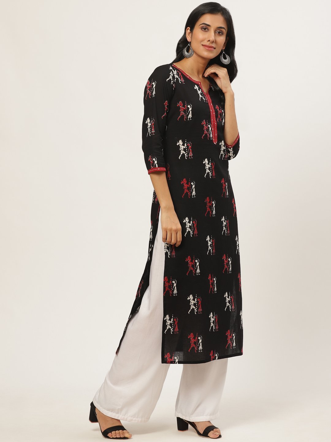 Women's Black Calf Length Three-Quarter Sleeves Straight Quirky Printed Cotton Kurta - Nayo Clothing