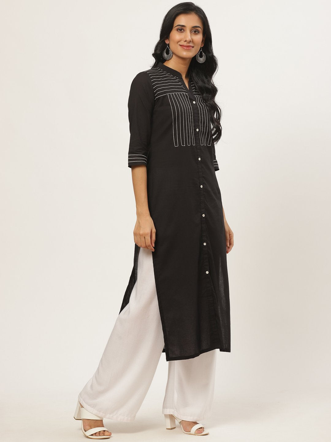 Women's Black Calf Length Three-Quarter Sleeves Straight Solid Yoke Design Cotton Kurta - Nayo Clothing