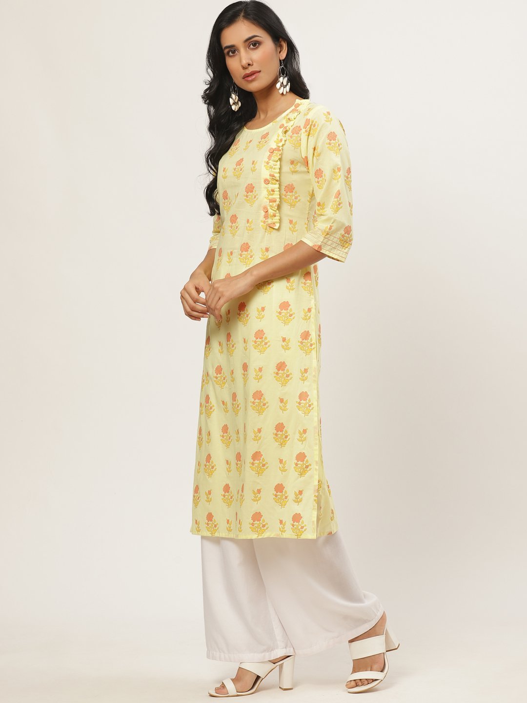 Women's Yellow Calf Length Three-Quarter Sleeves Straight Floral Yoke Design Cotton Kurta - Nayo Clothing