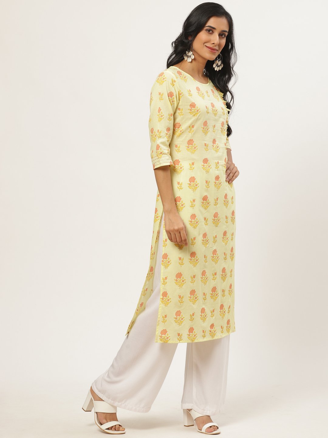 Women's Yellow Calf Length Three-Quarter Sleeves Straight Floral Yoke Design Cotton Kurta - Nayo Clothing