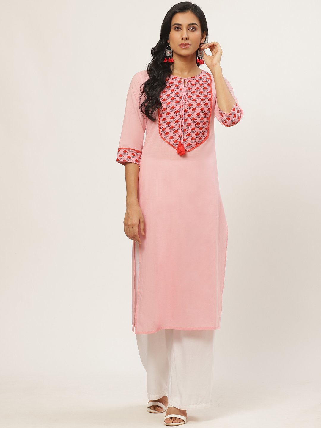 Women's Pink Calf Length Three-Quarter Sleeves Straight Solid Yoke Design Cotton Kurta - Nayo Clothing