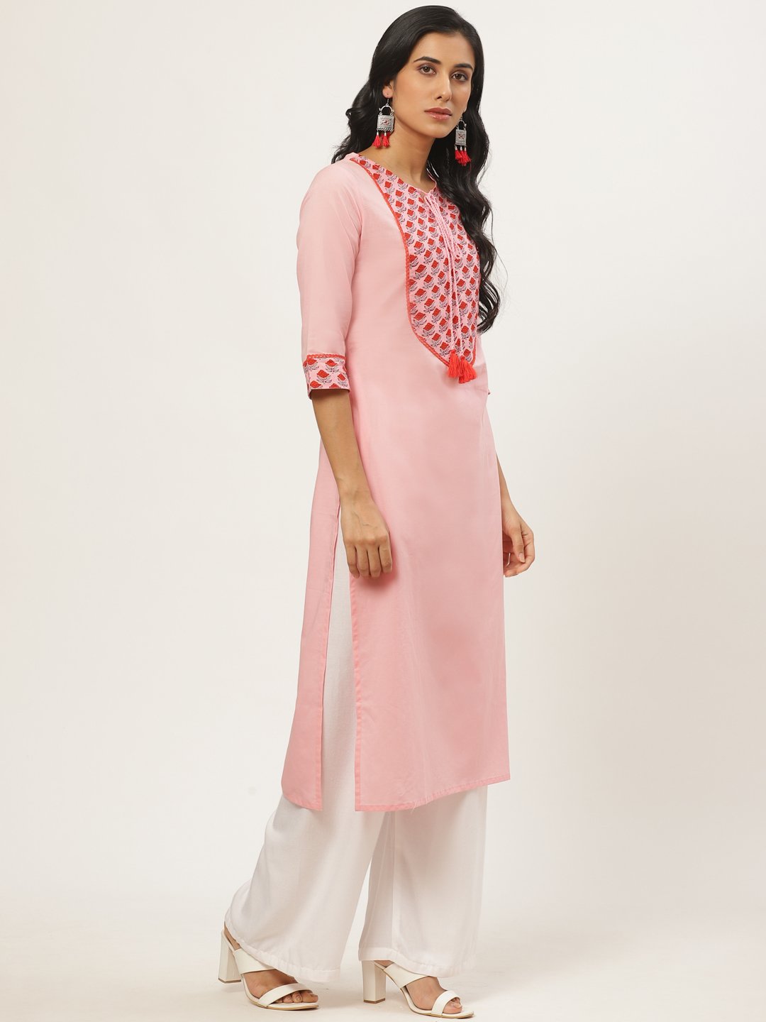 Women's Pink Calf Length Three-Quarter Sleeves Straight Solid Yoke Design Cotton Kurta - Nayo Clothing