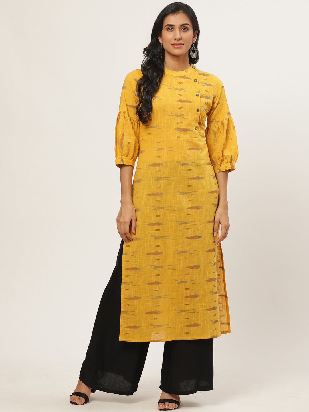 Women's Mustard Calf Length Three-Quarter Sleeves Straight Abstract Yoke Design Cotton Kurta - Nayo Clothing