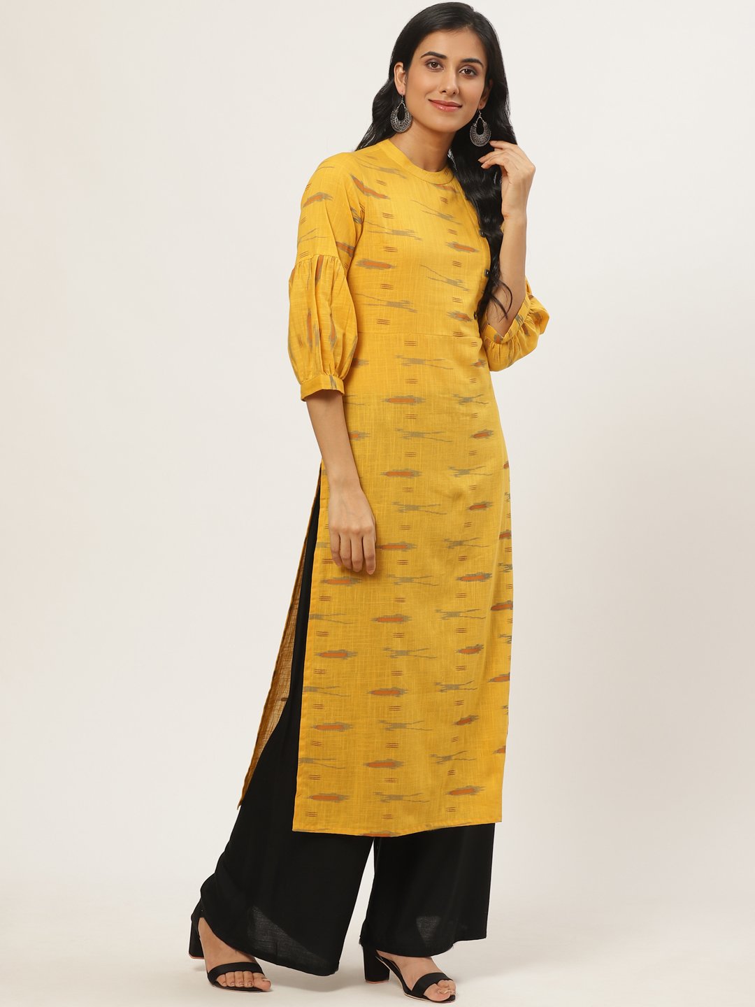 Women's Mustard Calf Length Three-Quarter Sleeves Straight Abstract Yoke Design Cotton Kurta - Nayo Clothing