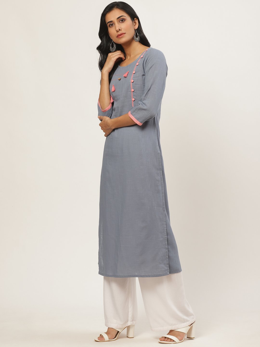 Women's Grey Calf Length Three-Quarter Sleeves Straight Solid Yoke Design Cotton Kurta - Nayo Clothing