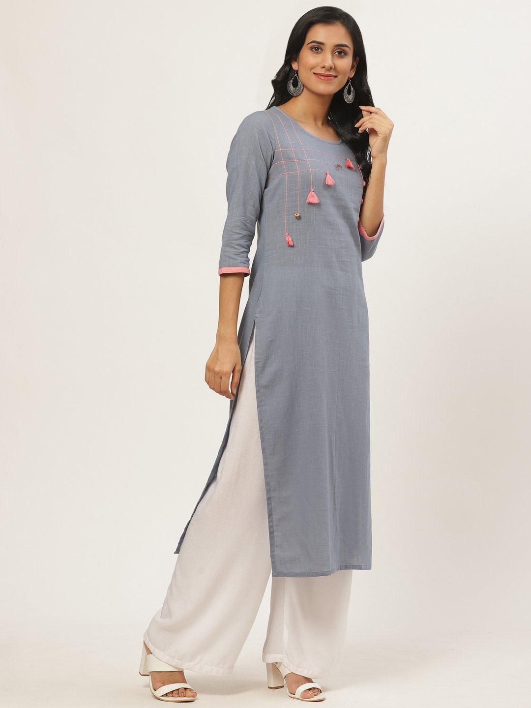 Women's Grey Calf Length Three-Quarter Sleeves Straight Solid Yoke Design Cotton Kurta - Nayo Clothing