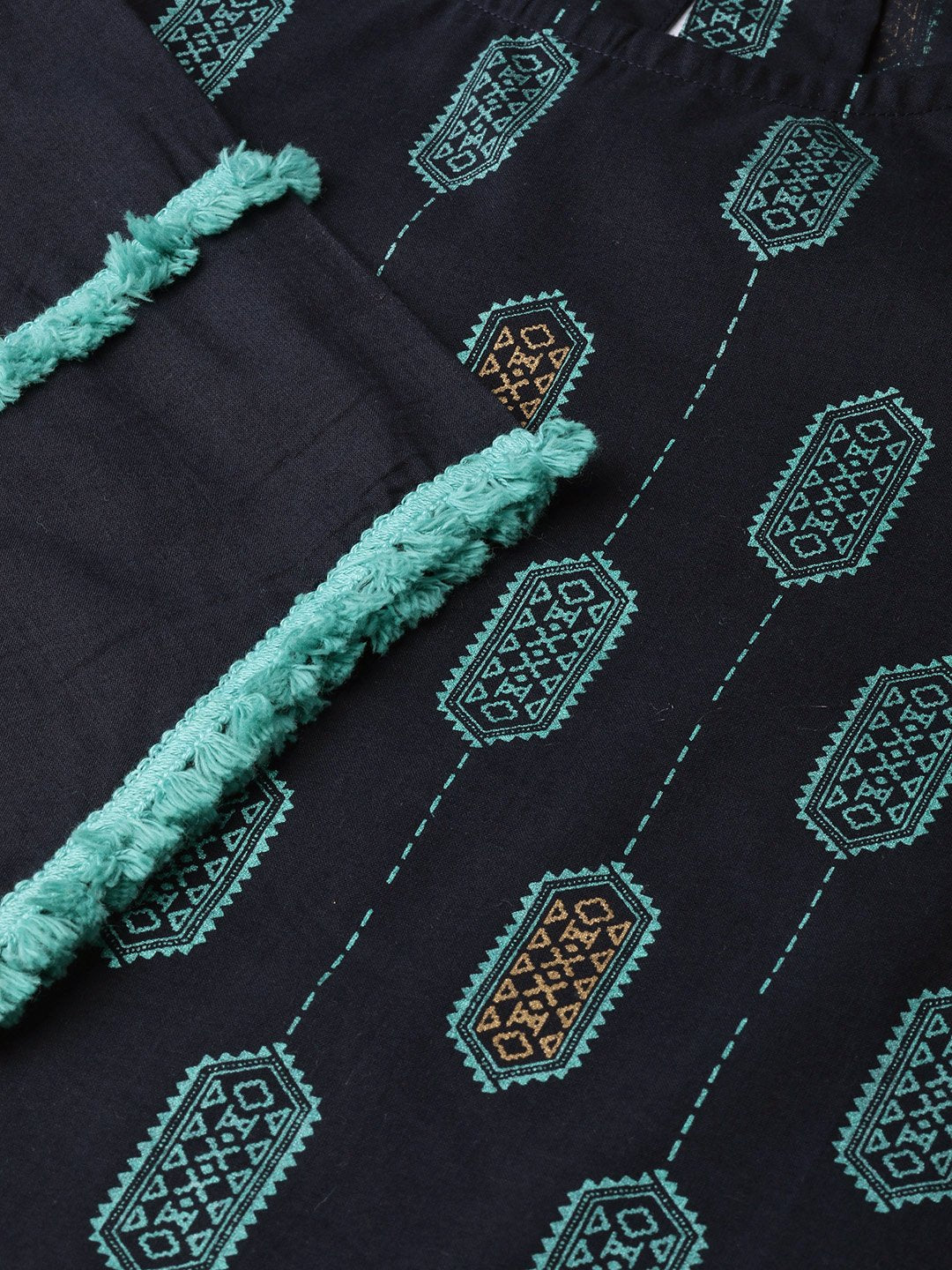Women's Navy Blue Calf Length Three-Quarter Sleeves Straight Ethnic Motifs Printed Cotton Kurta - Nayo Clothing