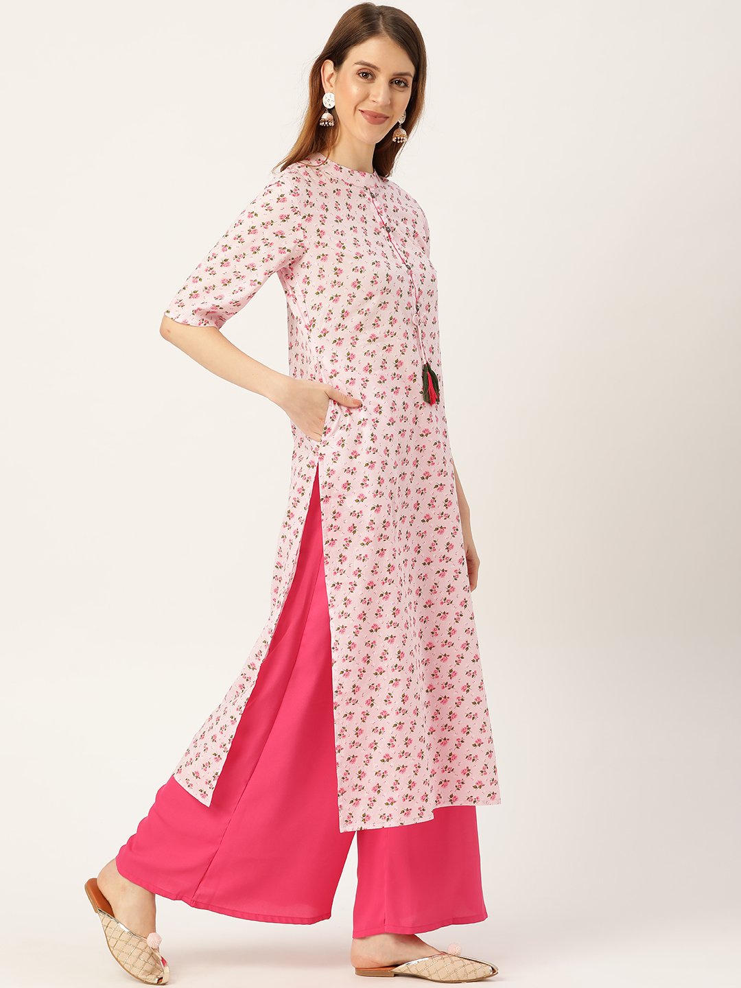 Women's Pink Calf Length Three-Quarter Sleeves Straight Floral Printed Cotton Kurta - Nayo Clothing