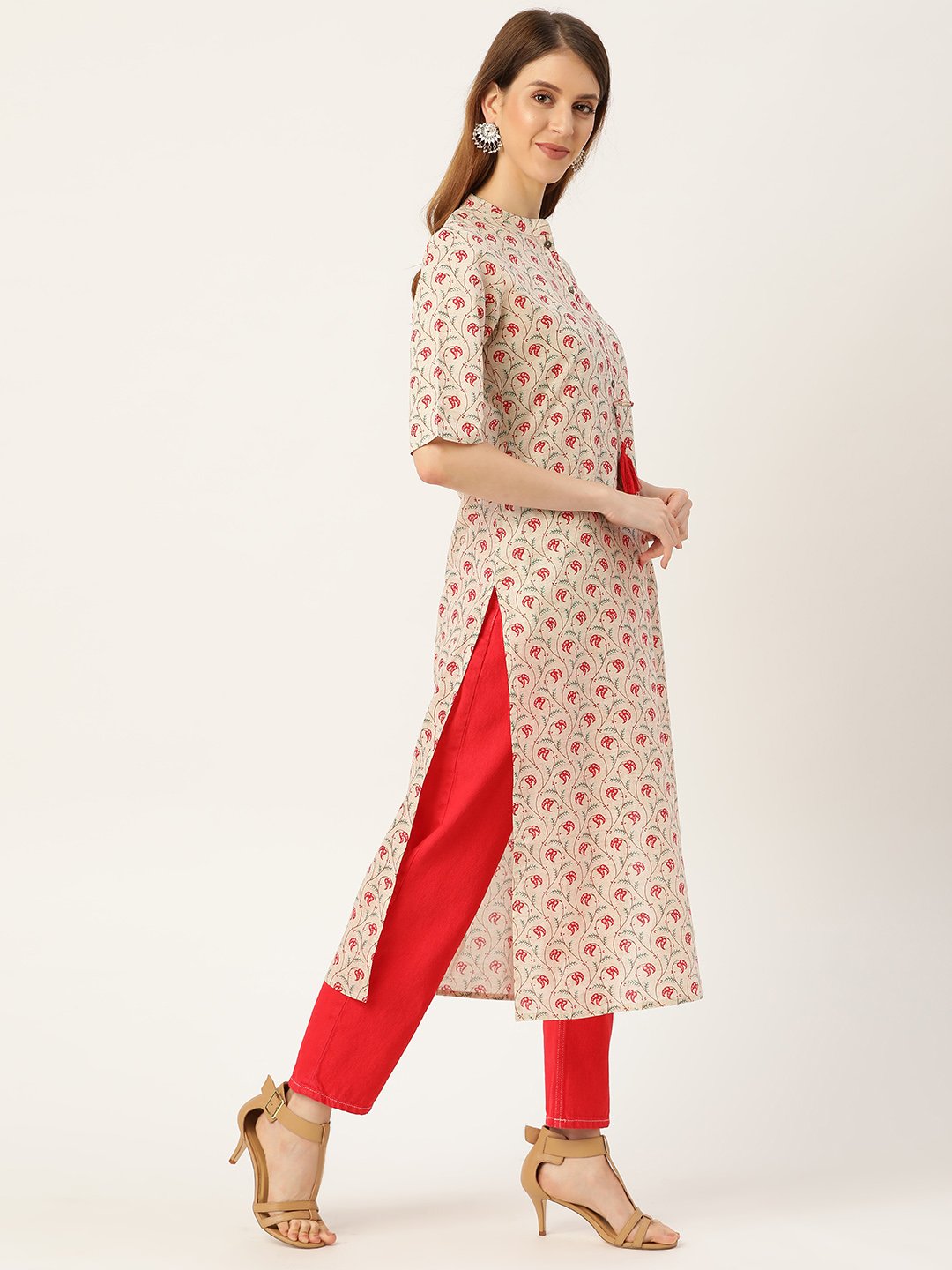 Women's Beige Calf Length Three-Quarter Sleeves Straight Floral Printed Cotton Kurta - Nayo Clothing