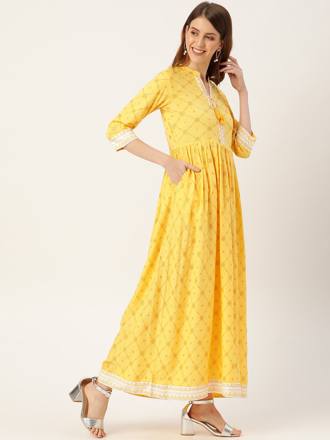 Women's Yellow Floral Printed Mandarin Collar Viscose Rayon Fit And Flare Dress - Nayo Clothing
