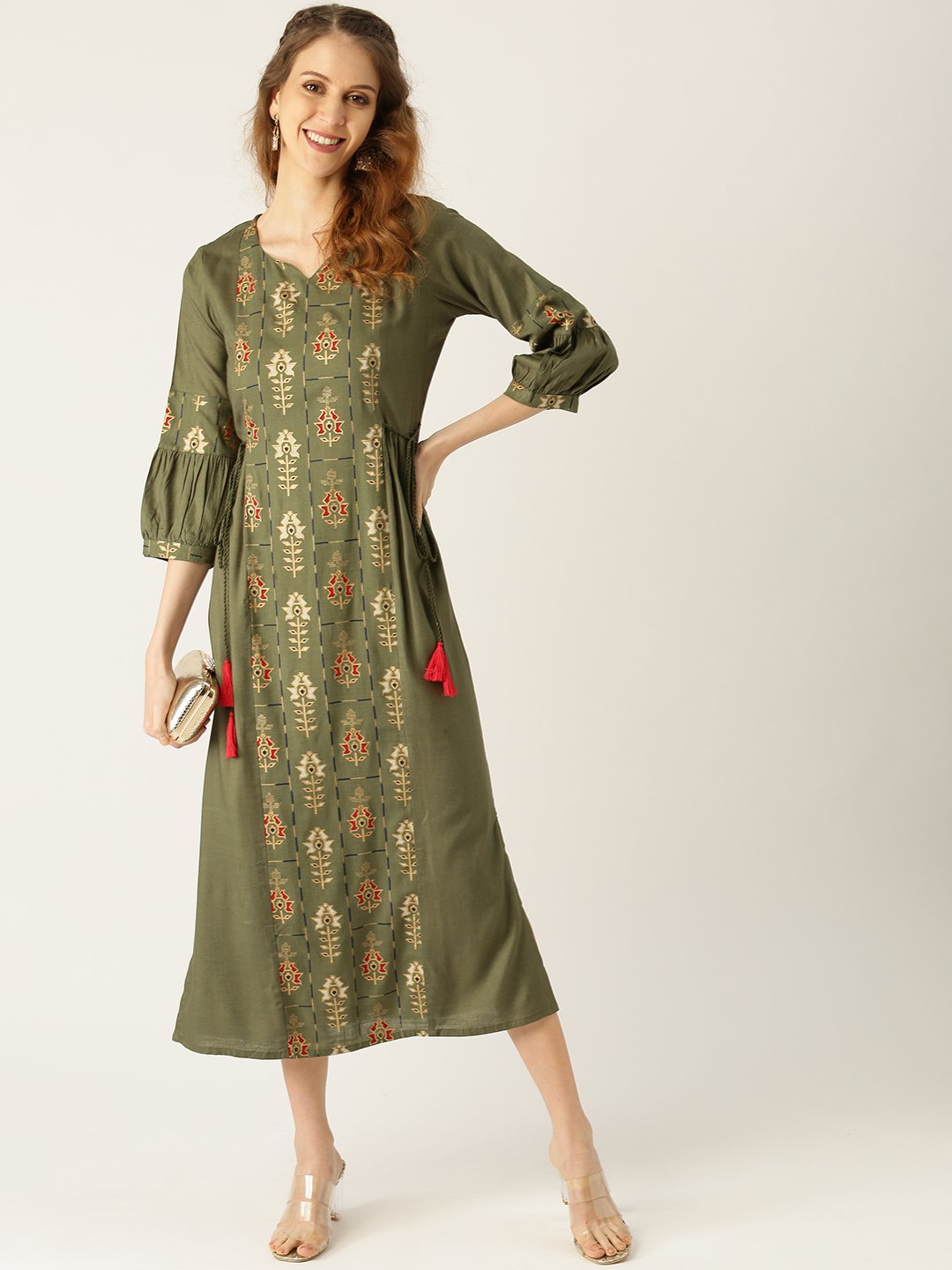 Women's Green Ethnic Motifs Printed V-Neck Viscose Rayon Maxi Dress - Nayo Clothing