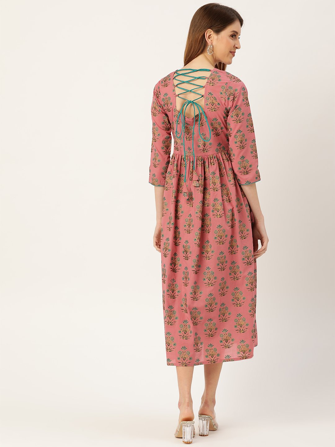 Women's Pink Ethnic Motifs Printed Square Neck Cotton Maxi Dress - Nayo Clothing