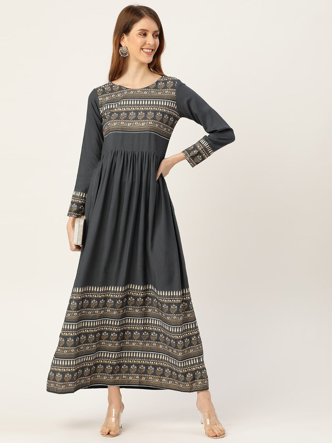 Women's Grey Self Design Self Design Round Neck Viscose Rayon Maxi Dress - Nayo Clothing