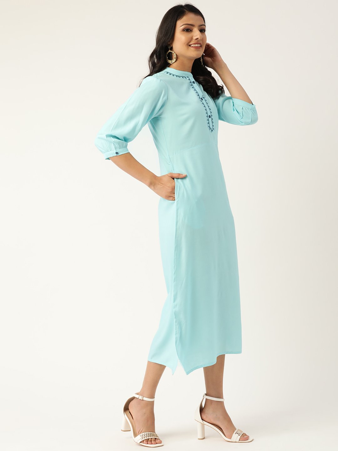 Women's Blue Solid Solid Mandarin Collar Viscose Rayon A-Line Dress - Nayo Clothing