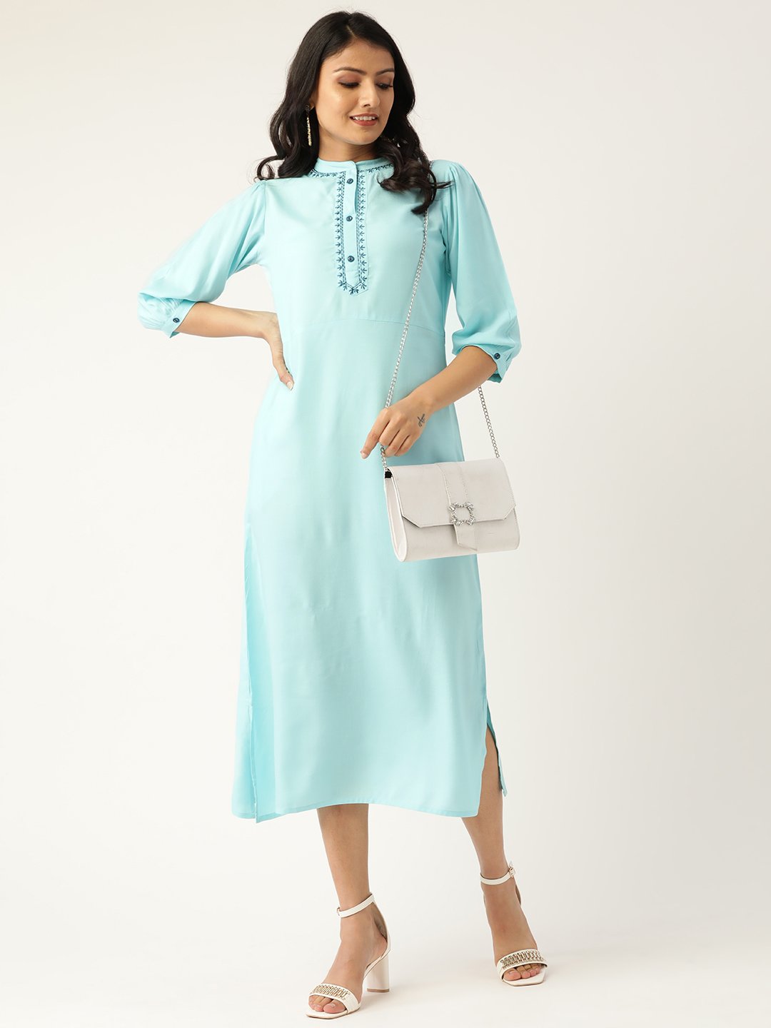 Women's Blue Solid Solid Mandarin Collar Viscose Rayon A-Line Dress - Nayo Clothing