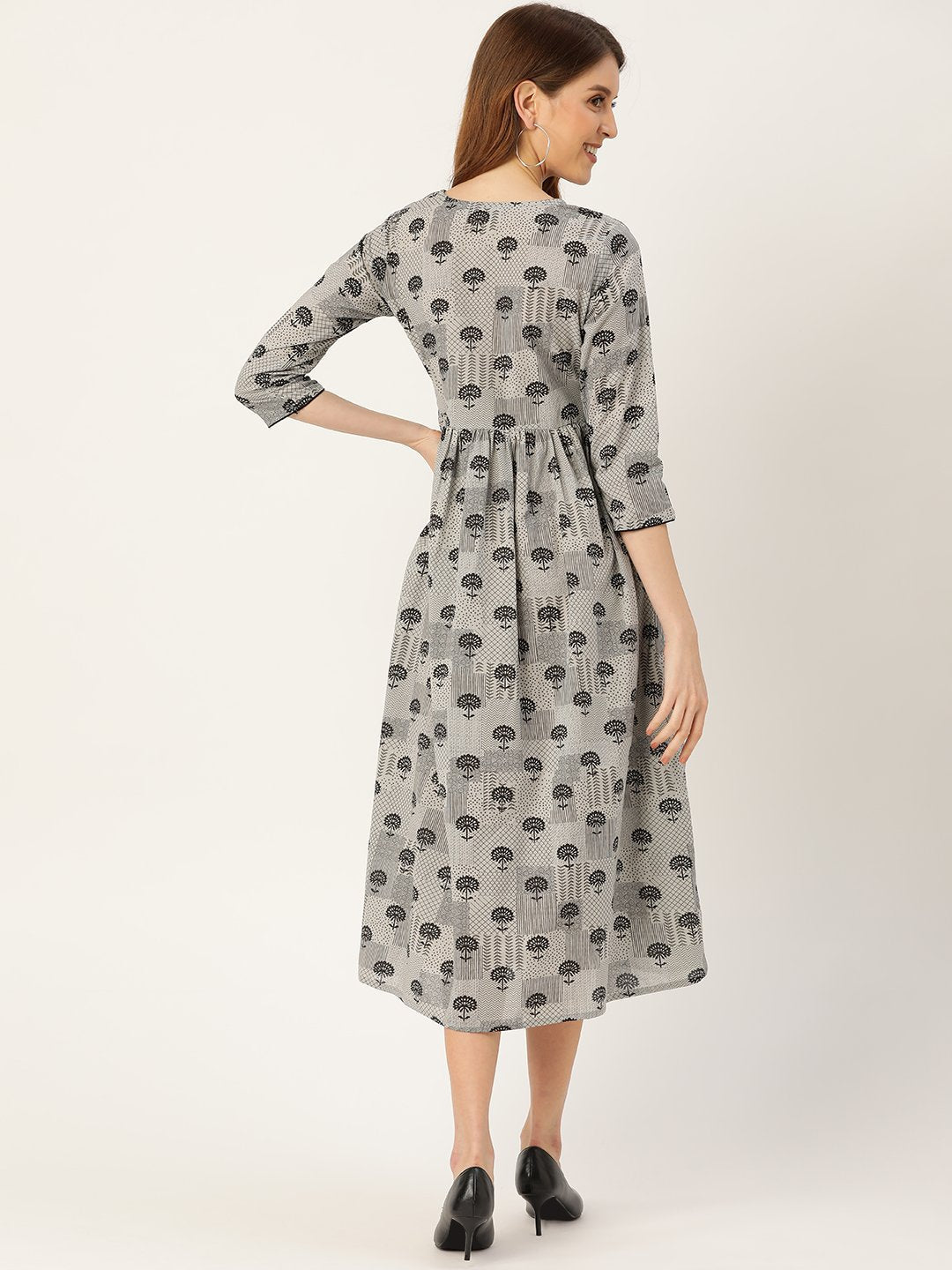 Women's Grey Floral Printed Round Neck Cotton A-Line Dress - Nayo Clothing
