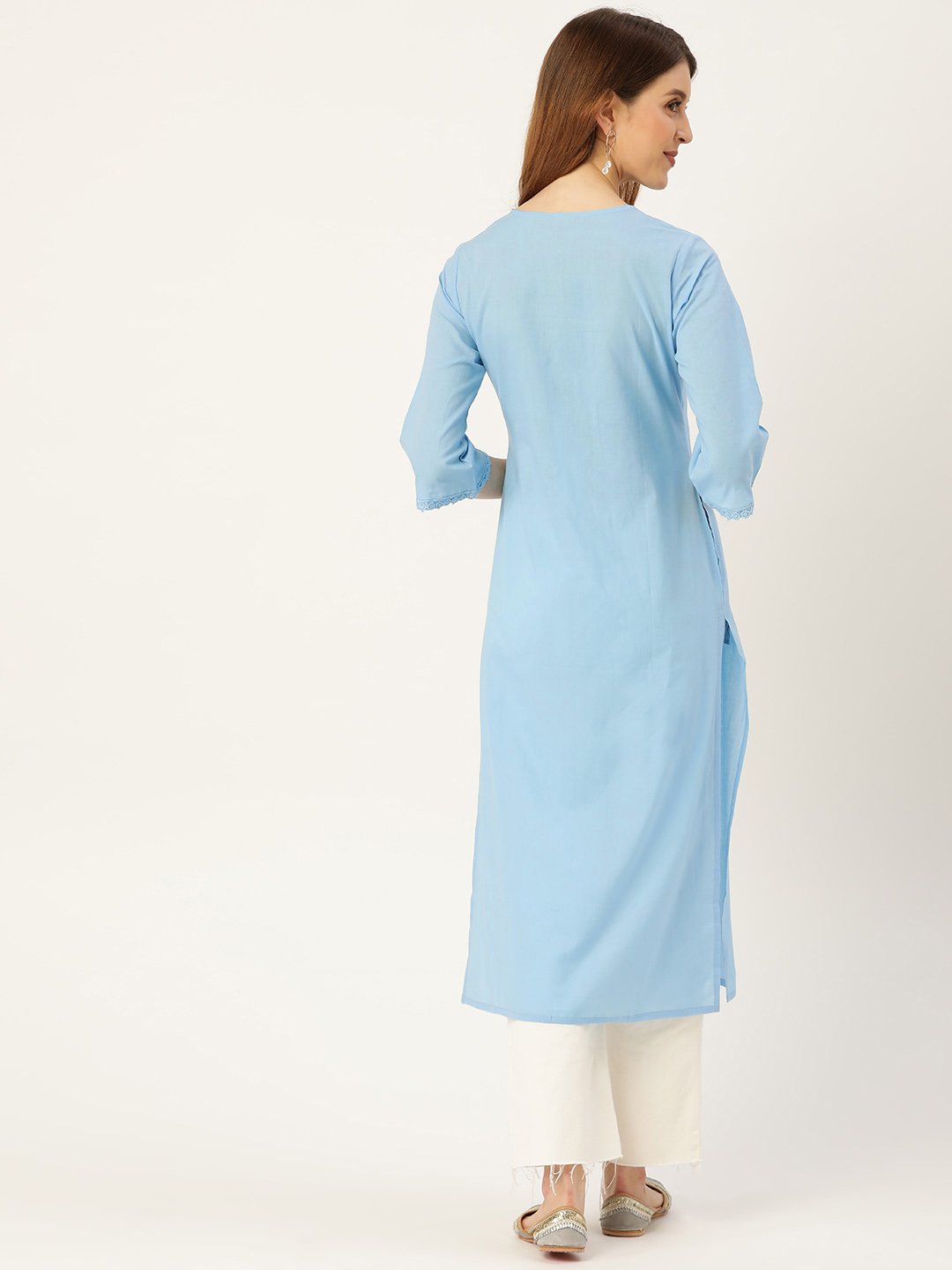 Women's Blue Calf Length Three-Quarter Sleeves Straight Solid Solid Cotton Kurta - Nayo Clothing