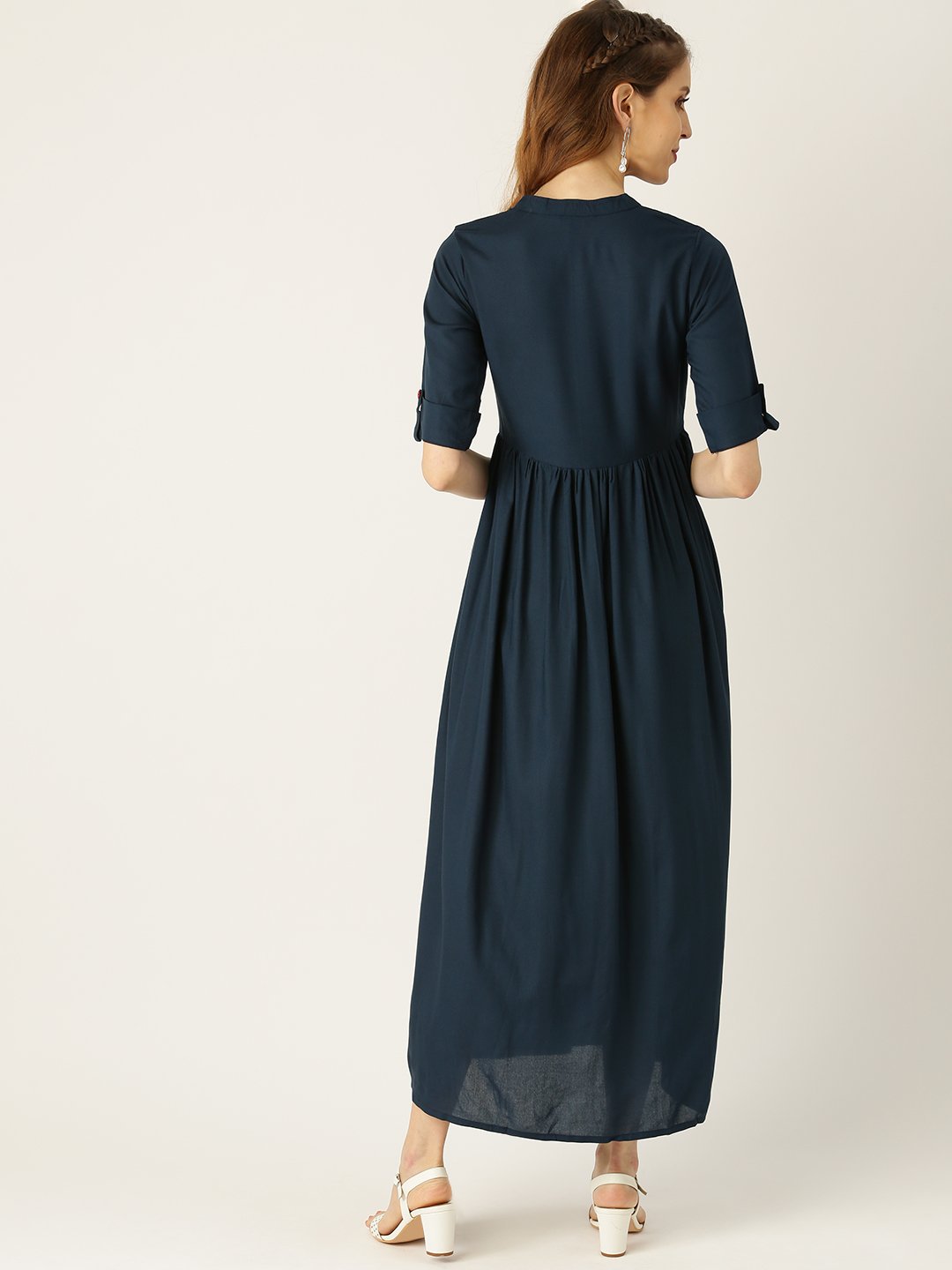 Women's Navy Blue Solid Solid Mandarin Collar Viscose Rayon A-Line Dress - Nayo Clothing