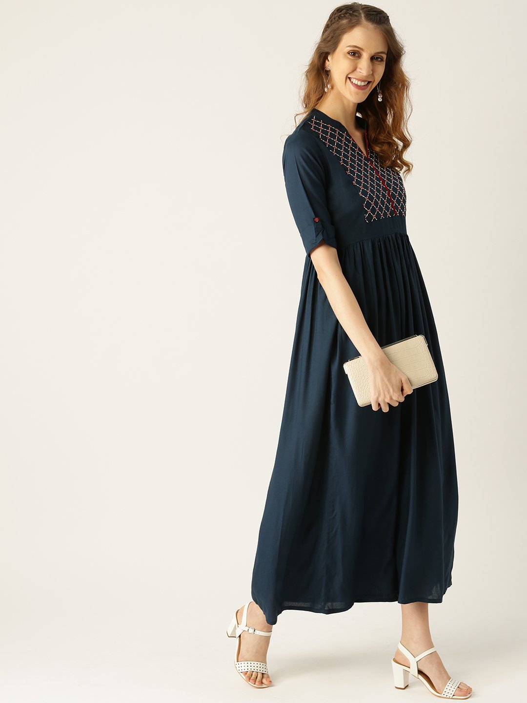 Women's Navy Blue Solid Solid Mandarin Collar Viscose Rayon A-Line Dress - Nayo Clothing