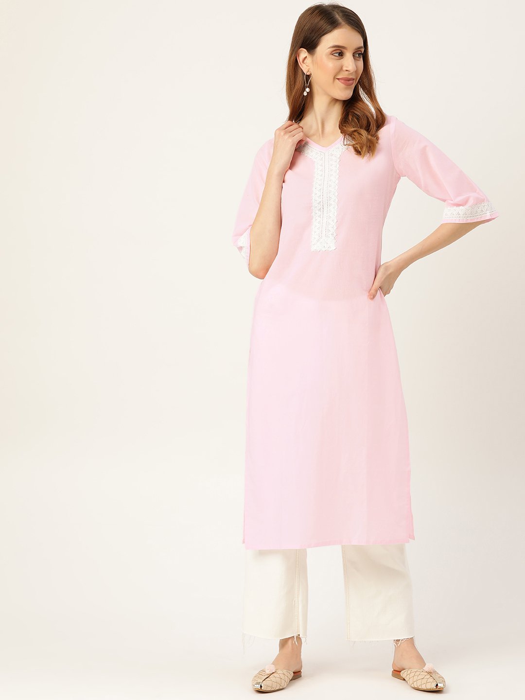 Women's Pink Calf Length Three-Quarter Sleeves Straight Solid Solid Cotton Kurta - Nayo Clothing