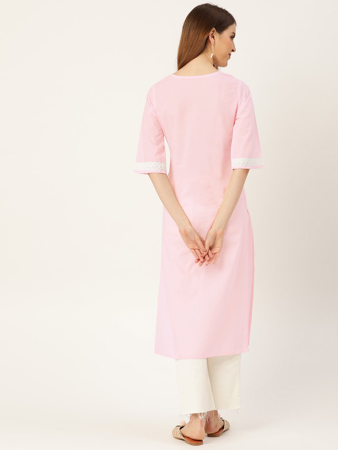 Women's Pink Calf Length Three-Quarter Sleeves Straight Solid Solid Cotton Kurta - Nayo Clothing