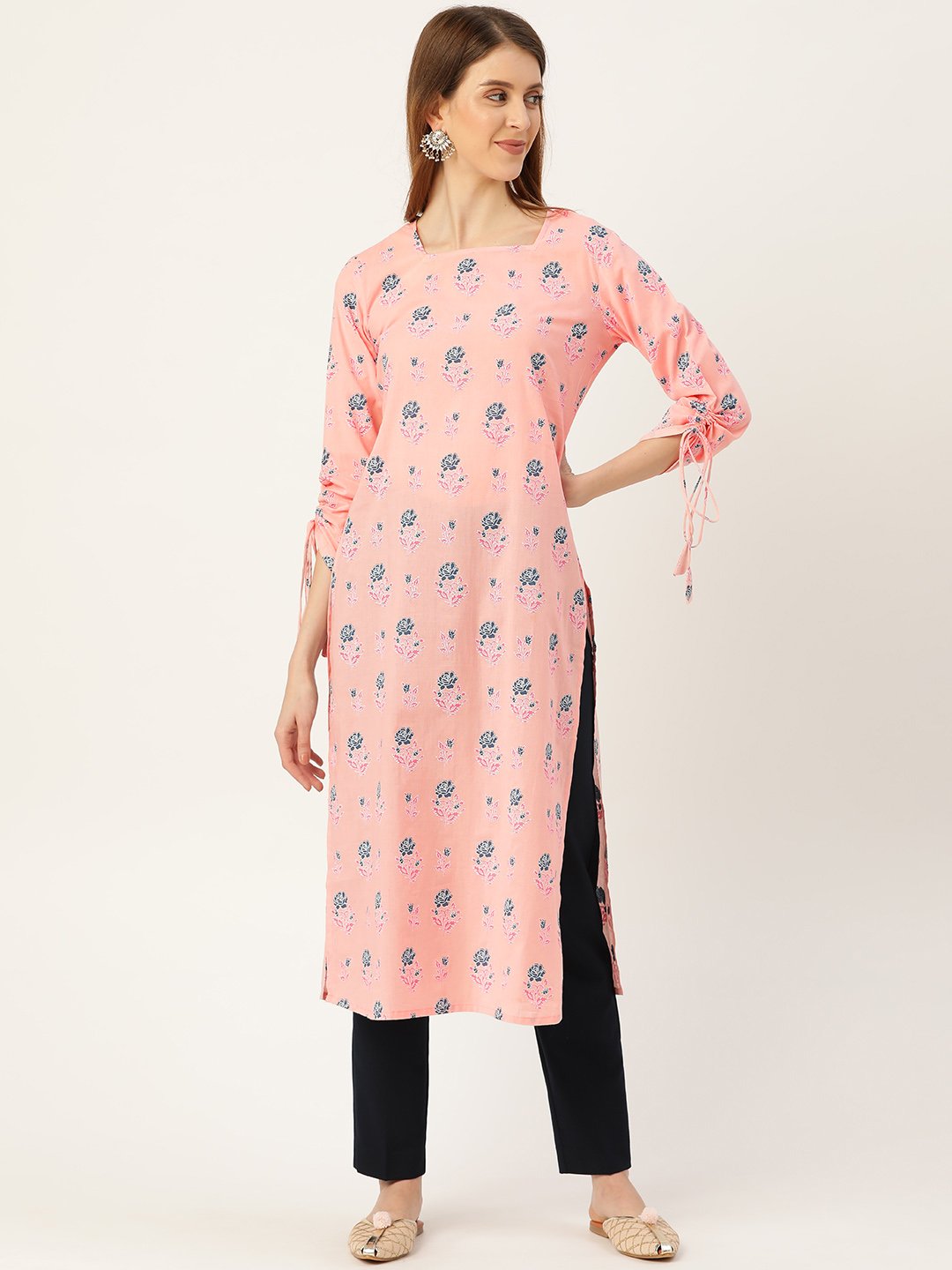 Women's Pink Calf Length Long Sleeves Straight Floral Printed Cotton Kurta - Nayo Clothing