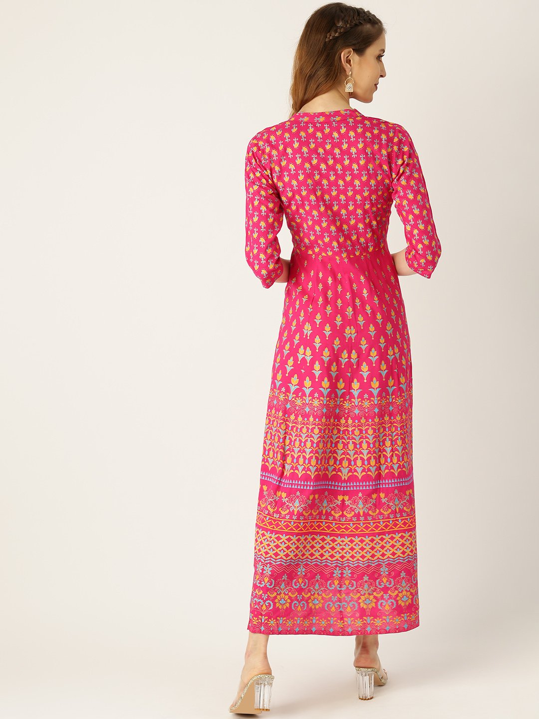 Women's Pink Floral Printed Mandarin Collar Viscose Rayon Fit And Flare Dress - Nayo Clothing
