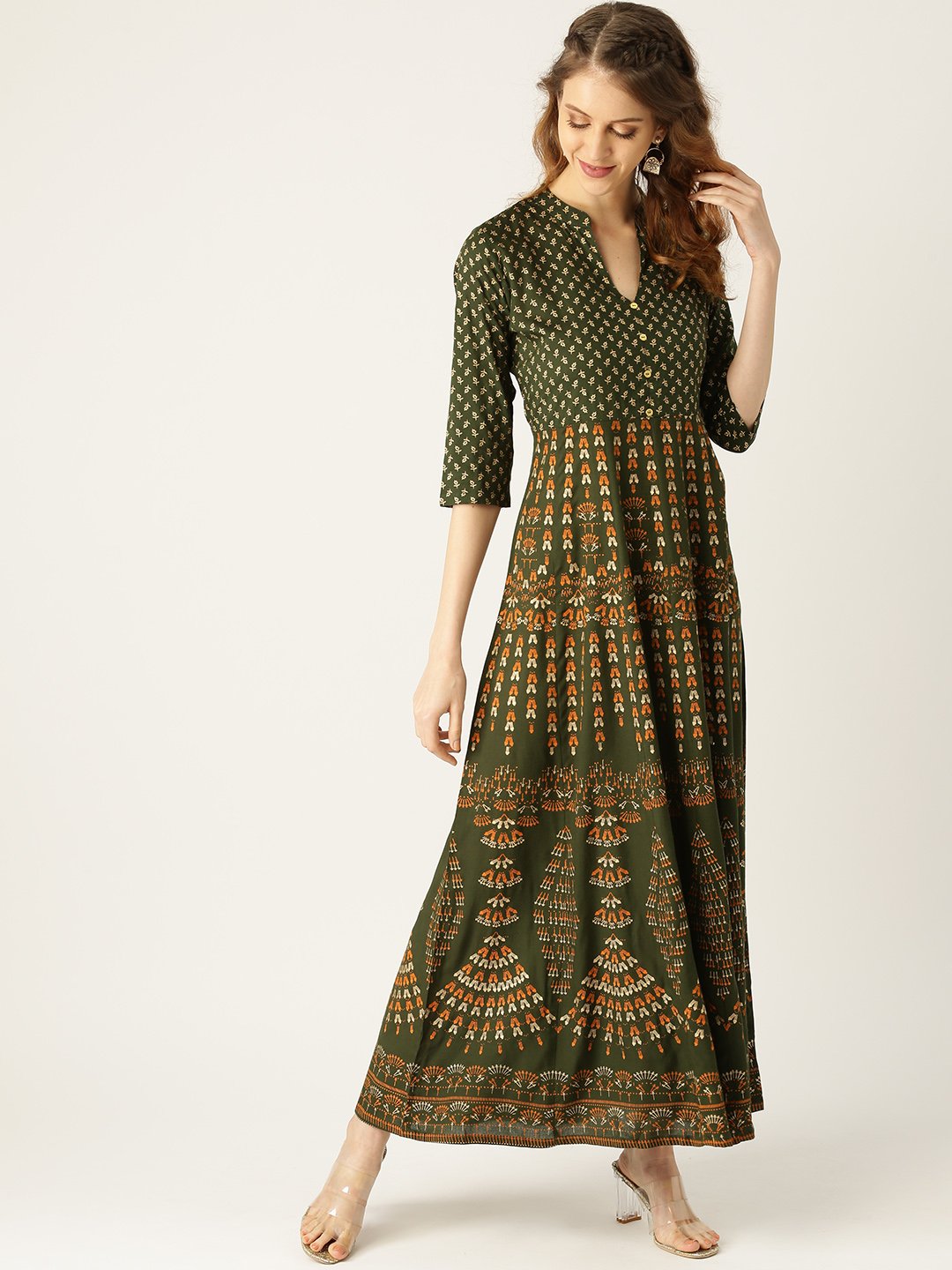 Women's Green Floral Printed Mandarin Collar Viscose Rayon Fit And Flare Dress - Nayo Clothing
