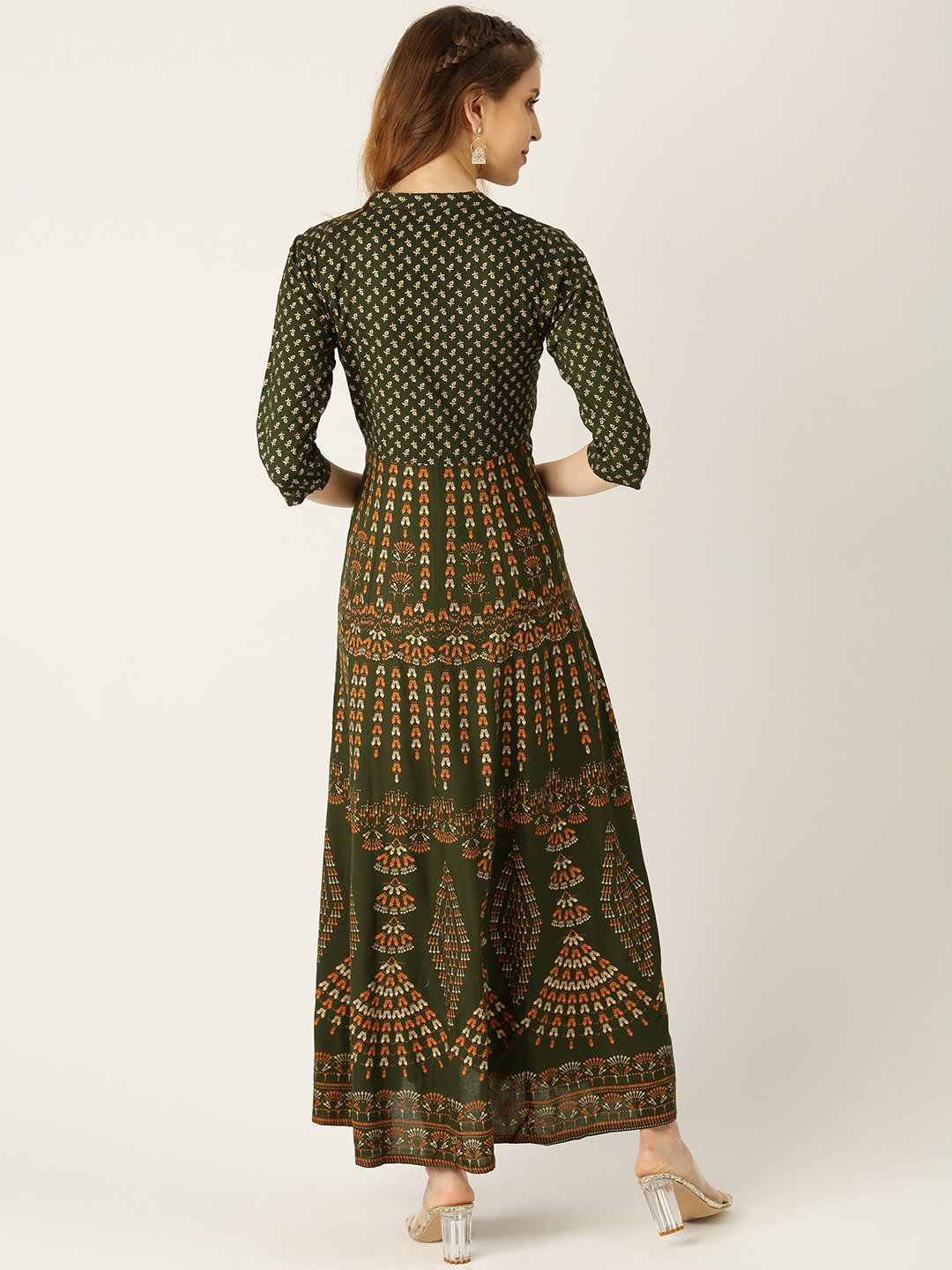 Women's Green Floral Printed Mandarin Collar Viscose Rayon Fit And Flare Dress - Nayo Clothing