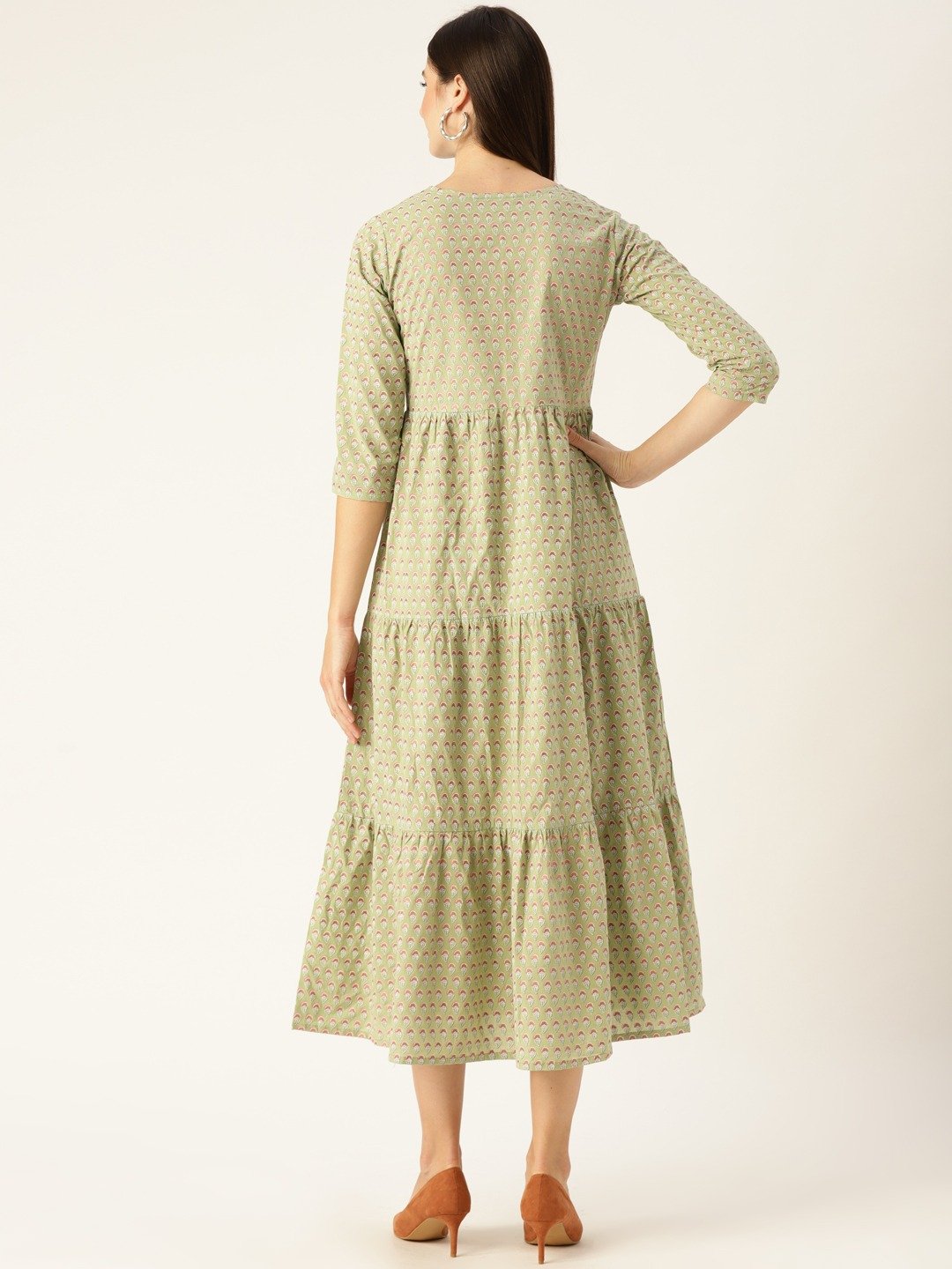 Women's Green Ethnic Motifs Printed Round Neck Cotton Maxi Dress - Nayo Clothing