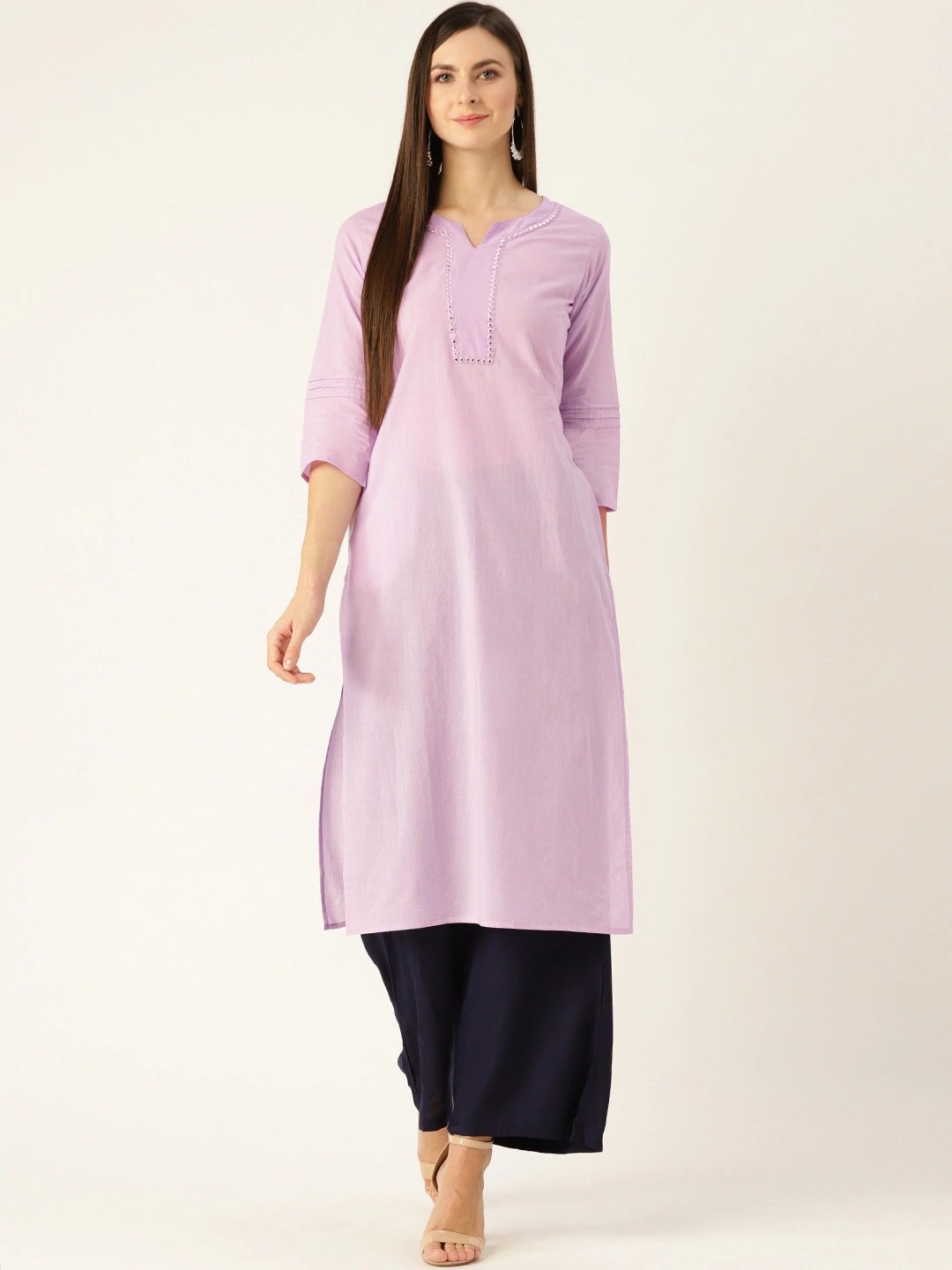Women's Lavender Calf Length Three-Quarter Sleeves Straight Solid Yoke Design Cotton Kurta - Nayo Clothing