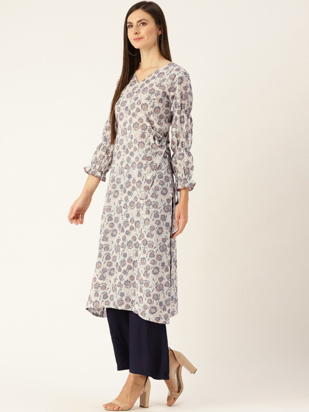 Women's Grey Calf Length Three-Quarter Sleeves A-Line Floral Printed Cotton Kurta - Nayo Clothing