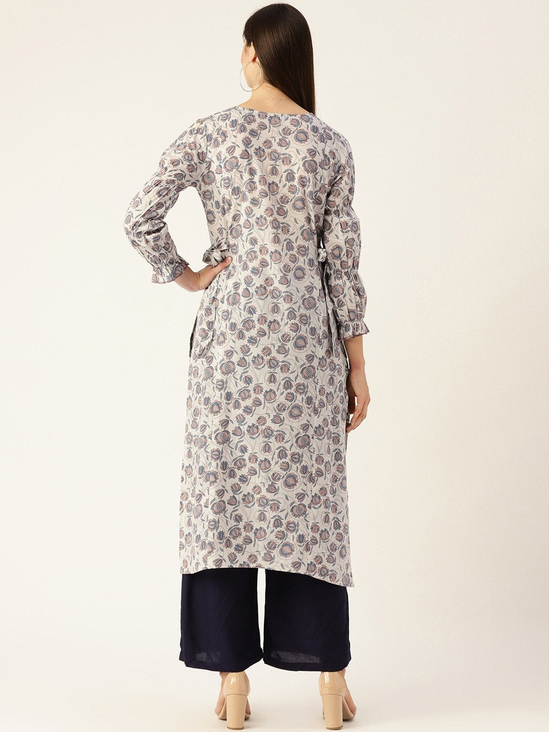 Women's Grey Calf Length Three-Quarter Sleeves A-Line Floral Printed Cotton Kurta - Nayo Clothing