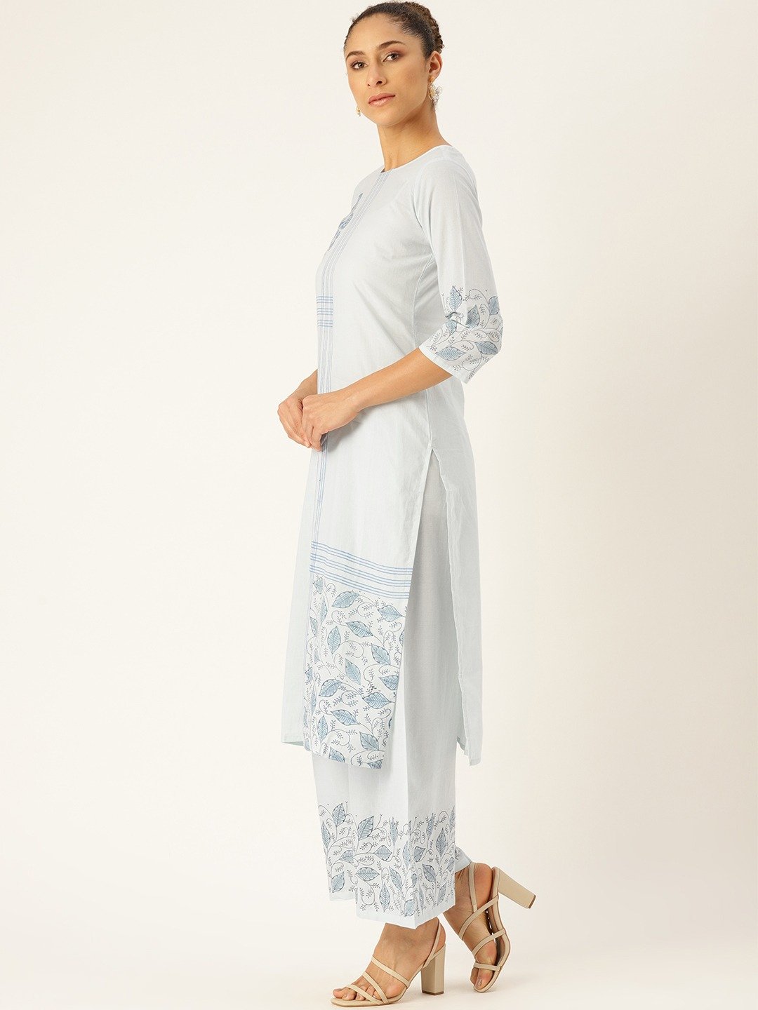 Women's Blue Three-Quarter Sleeves Straight Kurta With Palazzo Set - Nayo Clothing