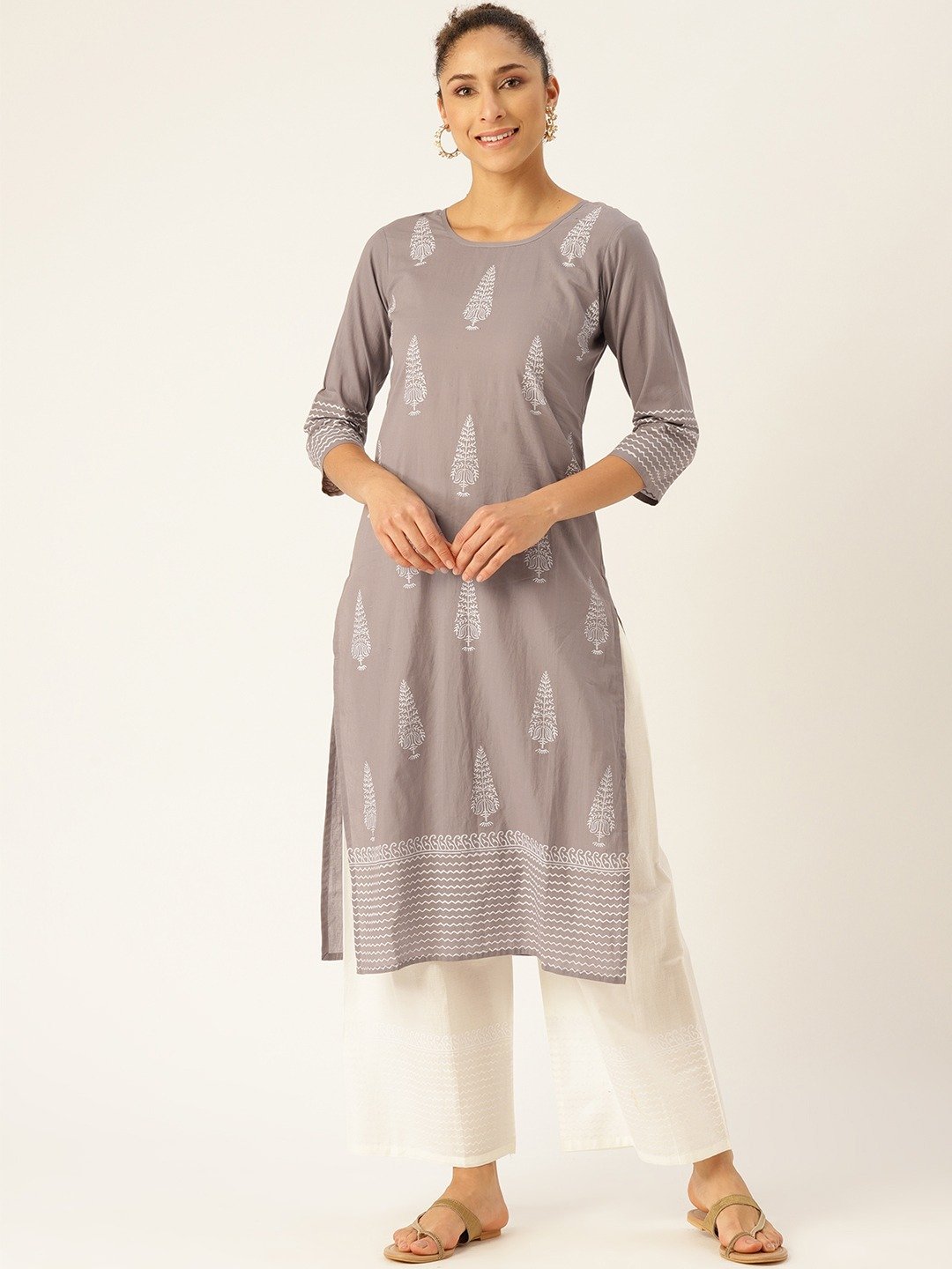 Women's Grey Three-Quarter Sleeves Straight Kurta With Palazzo Set - Nayo Clothing