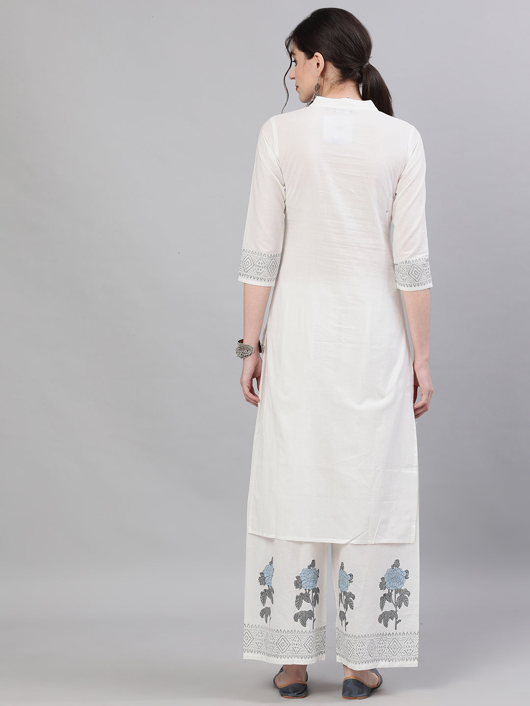 Women's White Three-Quarter Sleeves Straight Kurta With Palazzo Set - Nayo Clothing
