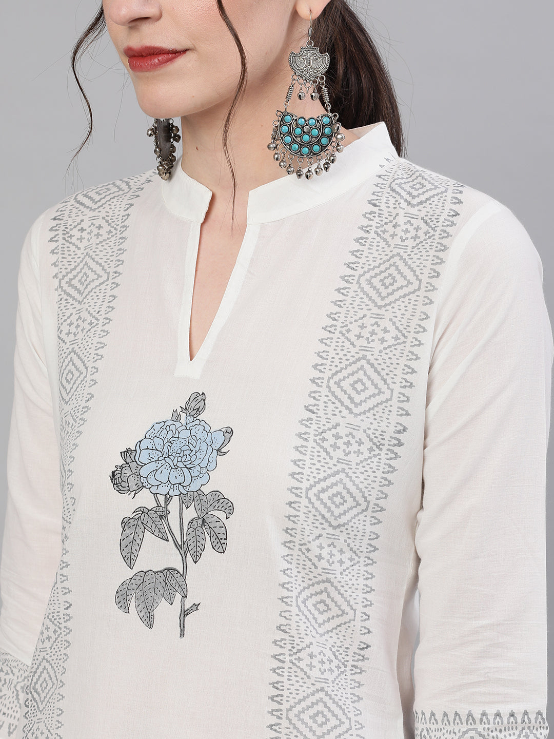 Women's White Three-Quarter Sleeves Straight Kurta With Palazzo Set - Nayo Clothing