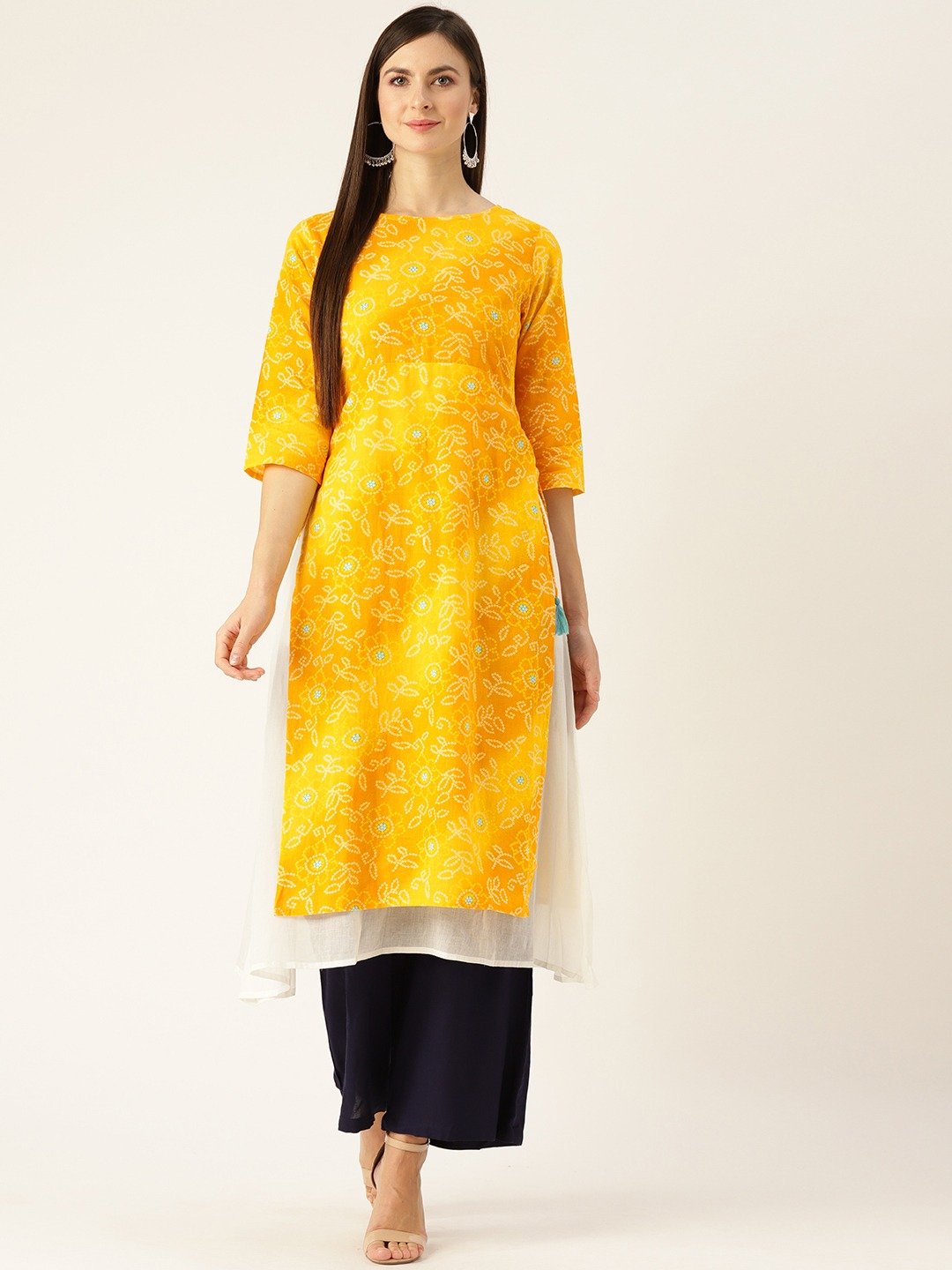 Women's Yellow Calf Length Three-Quarter Sleeves A-Line Bandhani Printed Cotton Kurta - Nayo Clothing