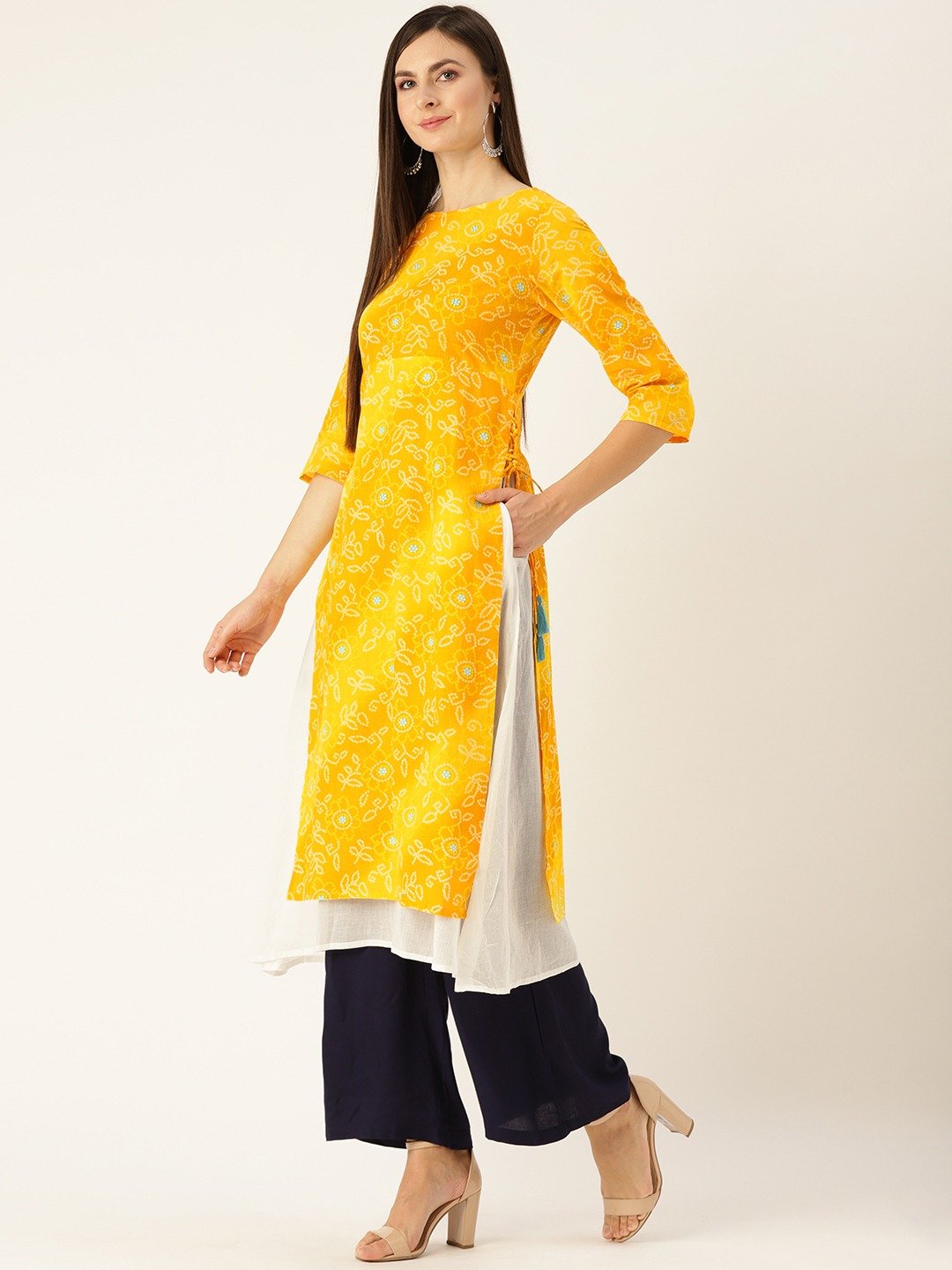 Women's Yellow Calf Length Three-Quarter Sleeves A-Line Bandhani Printed Cotton Kurta - Nayo Clothing