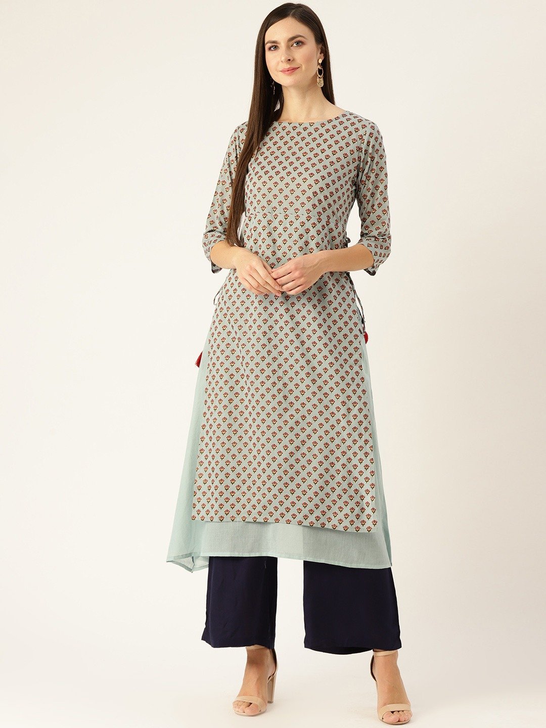 Women's Metallic Blue Calf Length Three-Quarter Sleeves A-Line Ethnic Motifs Printed Cotton Kurta - Nayo Clothing