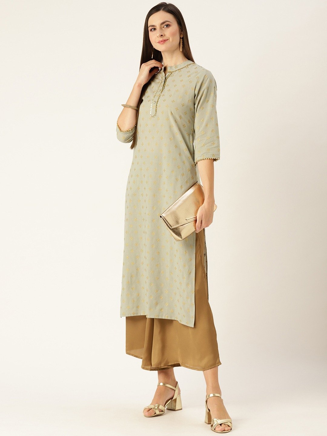 Women's Grey Calf Length Three-Quarter Sleeves A-Line Ethnic Motifs Printed Cotton Kurta - Nayo Clothing