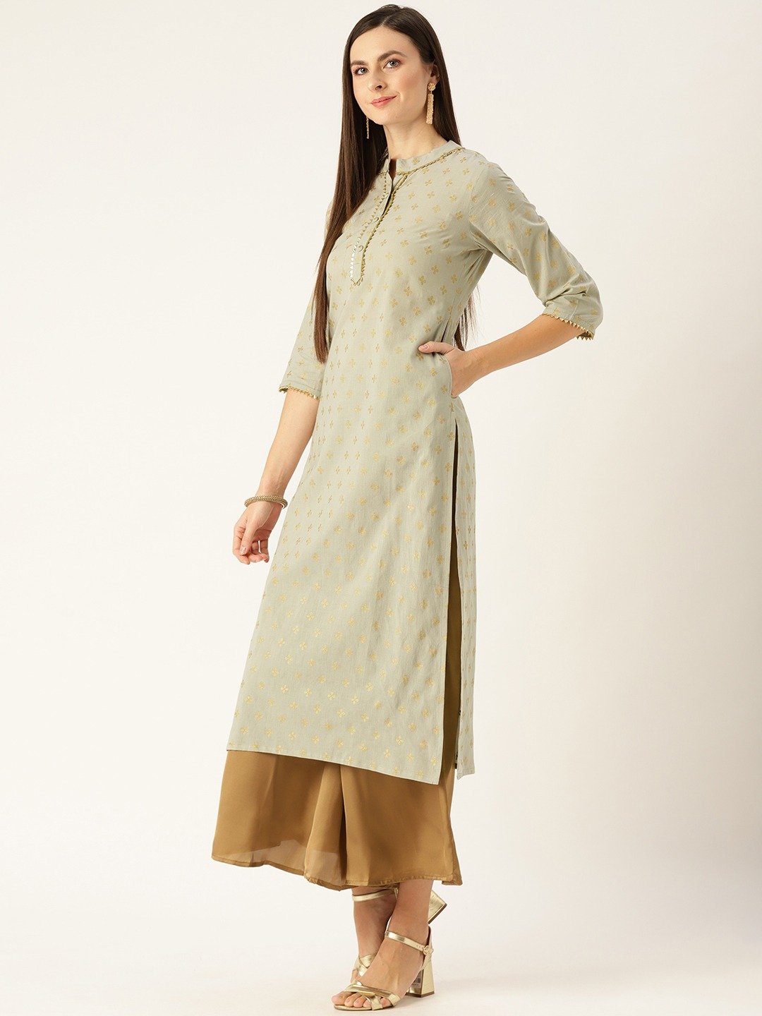 Women's Grey Calf Length Three-Quarter Sleeves A-Line Ethnic Motifs Printed Cotton Kurta - Nayo Clothing