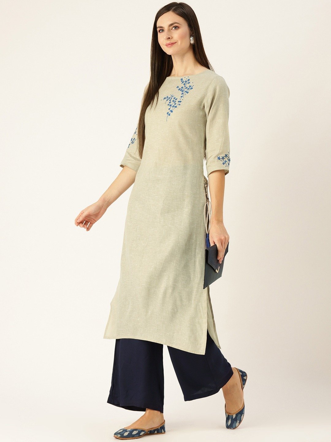 Women's Grey Calf Length Three-Quarter Sleeves Straight Woven Design Embroidered Cotton Kurta - Nayo Clothing