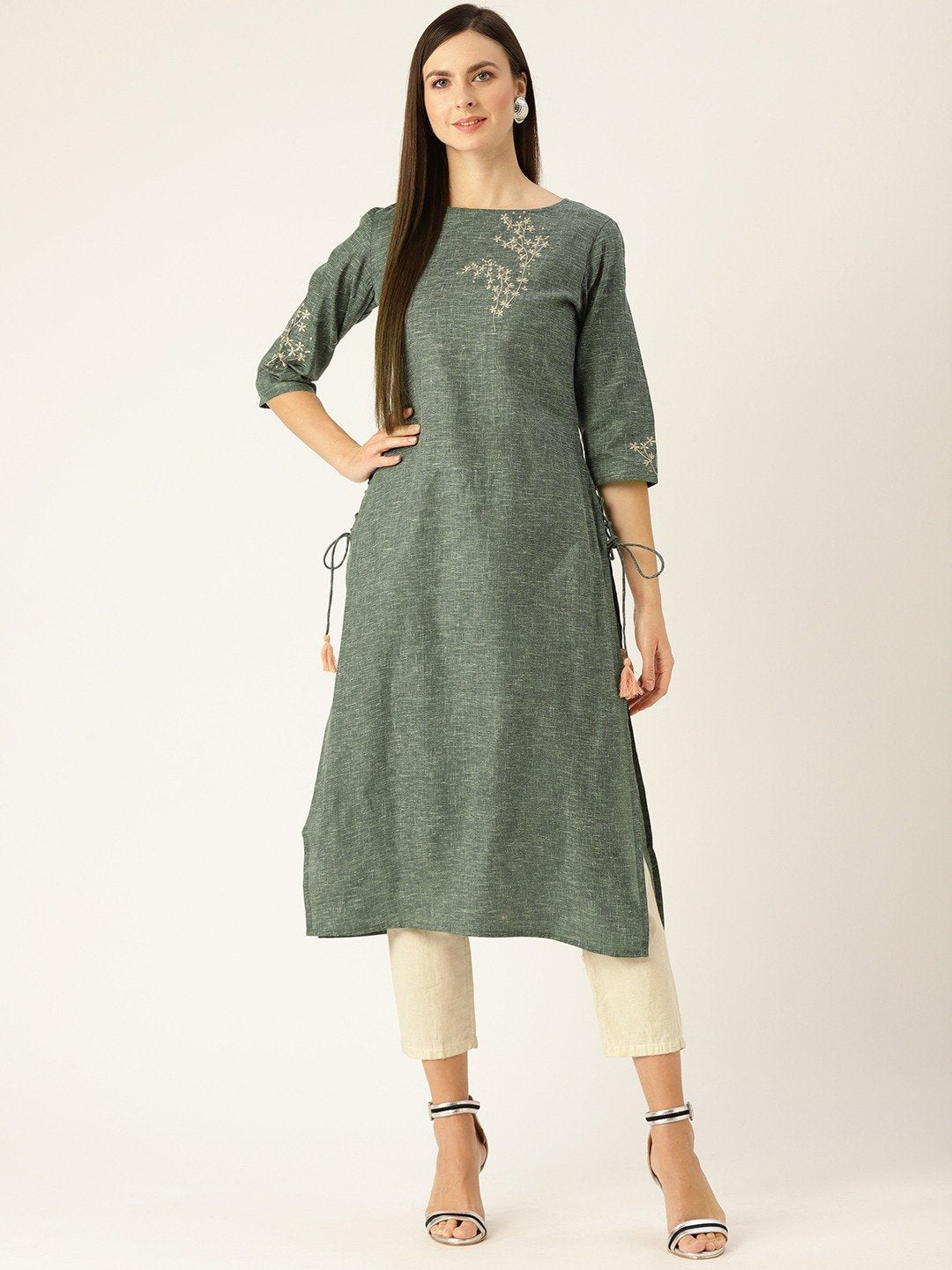 Women's Dark Grey Calf Length Three-Quarter Sleeves Straight Woven Design Embroidered Cotton Kurta - Nayo Clothing